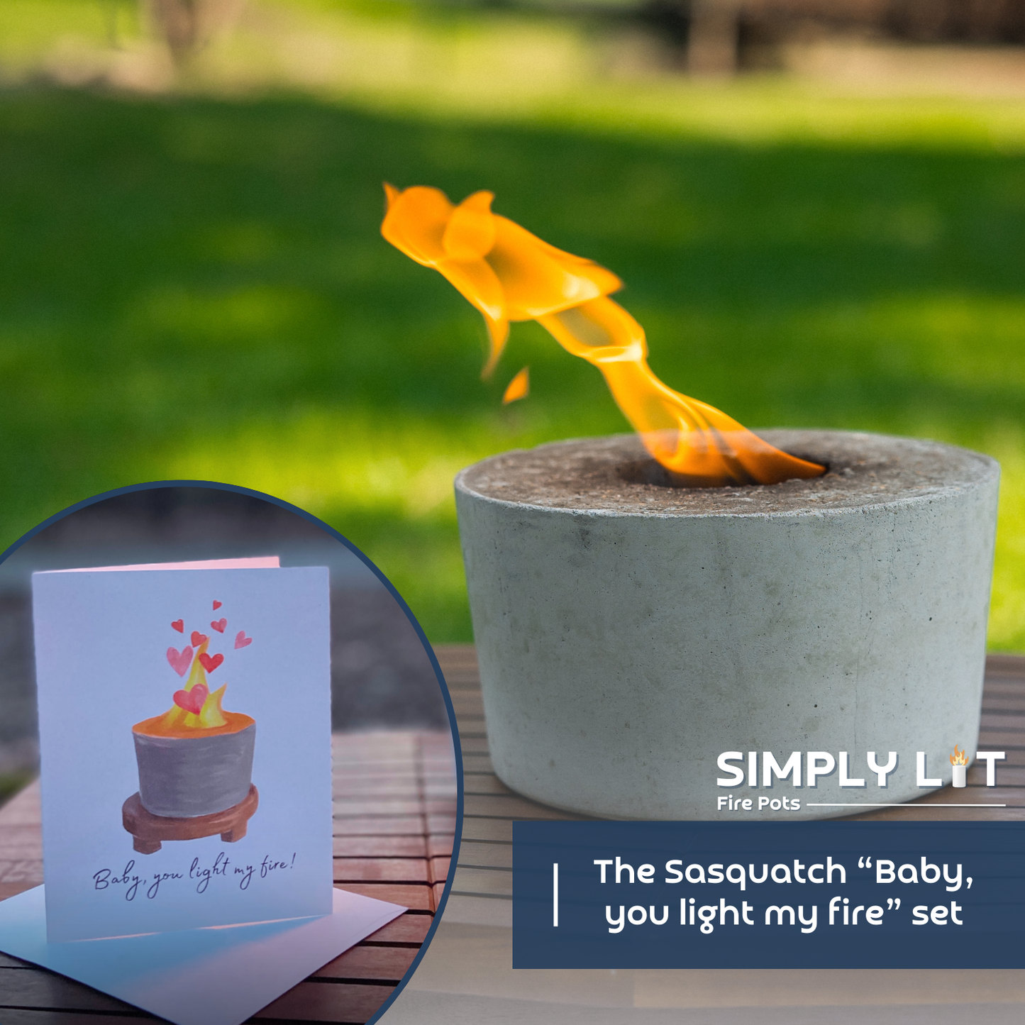 Baby, you light my fire: Sasquatch fire pot set + greeting card